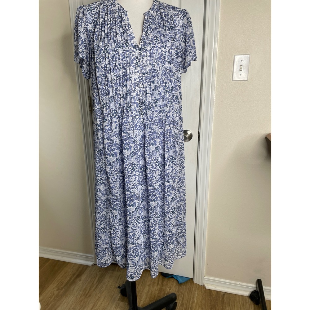 MSK Blue Floral Pintuck Button Front V-Neck Midi Dress 16W Short Sleeve Flowy